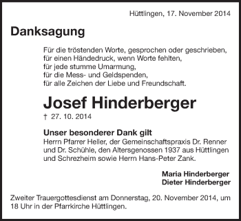 Traueranzeige von Josef Hinderberger von Schwäbische Post