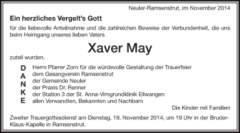 Traueranzeige von Xaver May von Schwäbische Post