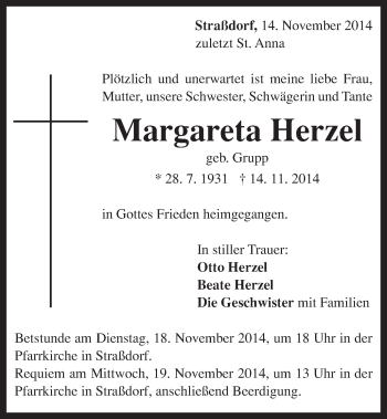 Traueranzeige von Margareta Herzel von Gmünder Tagespost