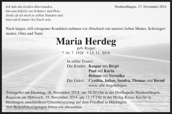 Traueranzeige von Maria Herdeg von Schwäbische Post