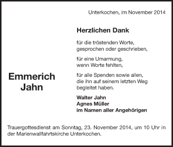 Traueranzeige von Emmerich Jahn von Schwäbische Post