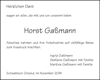 Traueranzeige von Horst Gaßmann von Gmünder Tagespost