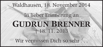 Traueranzeige von Gudrun Brenner von Schwäbische Post