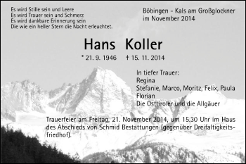 Traueranzeige von Hans Koller von Gmünder Tagespost