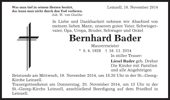 Traueranzeige von Bernhard Bader von Gmünder Tagespost