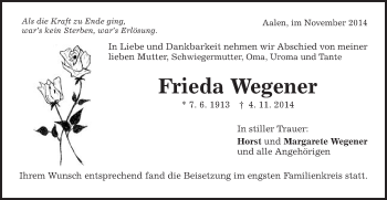 Traueranzeige von Frieda Wegener von Schwäbische Post