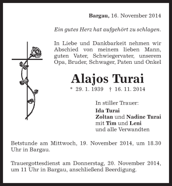 Traueranzeige von Alajos Turai von Gmünder Tagespost