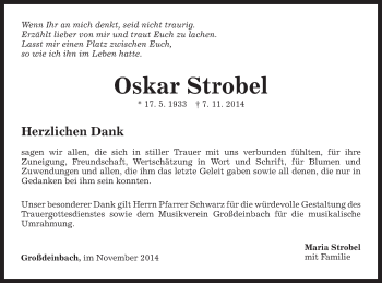 Traueranzeige von Oskar Strobel von Gmünder Tagespost