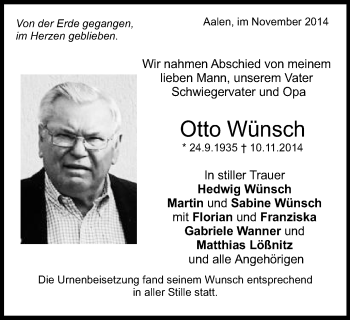 Traueranzeige von Otto Wünsch von Schwäbische Post