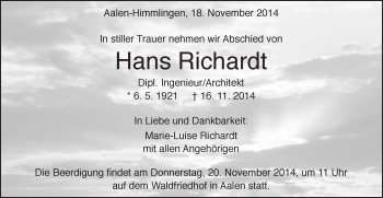 Traueranzeige von Hans Richard von Schwäbische Post
