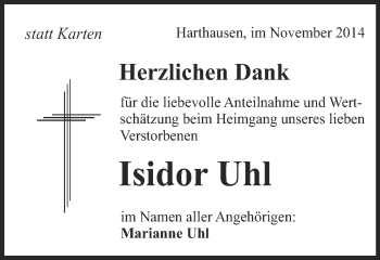Traueranzeige von Isidor Uhl von Schwäbische Post