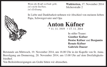 Traueranzeige von Anton Küfner von Gmünder Tagespost