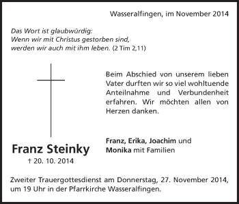Traueranzeige von Franz Steinky von Schwäbische Post