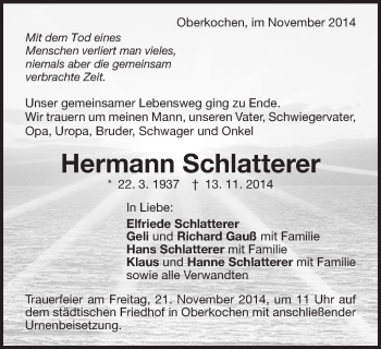 Traueranzeige von Hermann Schlatterer von Schwäbische Post