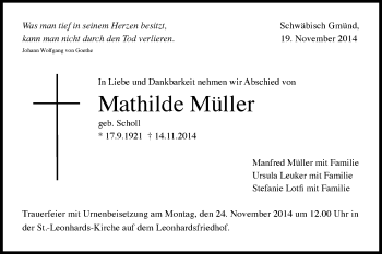 Traueranzeige von Mathilde Müller von Gmünder Tagespost