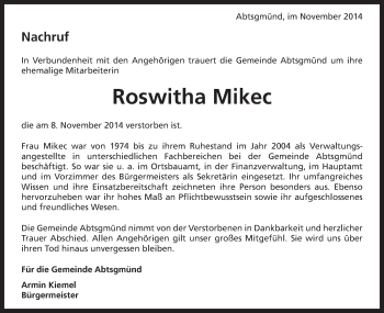 Traueranzeige von Roswitha Mikec von Schwäbische Post