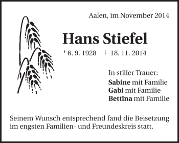 Traueranzeige von Hans Stiefel von Schwäbische Post