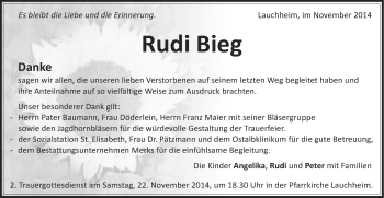 Traueranzeige von Rudi Bieg von Schwäbische Post