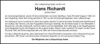 Traueranzeige von Hans Richardt von Schwäbische Post