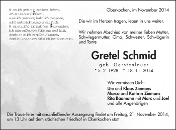 Traueranzeige von Gretel Schmid von Schwäbische Post