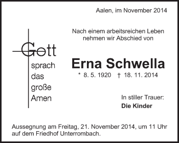 Traueranzeige von Erna Schwella von Schwäbische Post