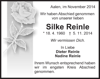 Traueranzeige von Silke Reinle von Schwäbische Post