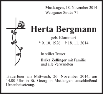 Traueranzeige von Herta Bergmann von Gmünder Tagespost