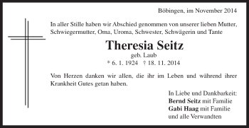 Traueranzeige von Theresia Seitz von Gmünder Tagespost