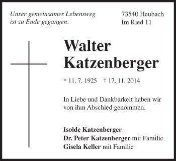 Traueranzeige von Walter Katzenberger von Gmünder Tagespost