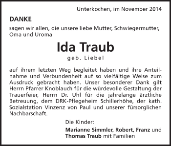 Traueranzeige von Ida Traub von Schwäbische Post