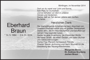 Traueranzeige von Eberhard Braun von Gmünder Tagespost