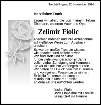 Traueranzeige von Zelimir Fiolic von Schwäbische Post