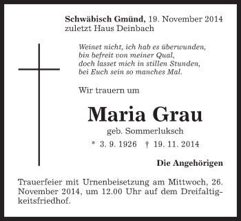 Traueranzeige von Maria Grau von Gmünder Tagespost