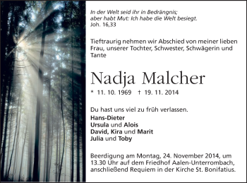 Traueranzeige von Nadja Malcher von Schwäbische Post