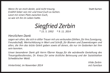 Traueranzeige von Siegfried Zerbin von Gmünder Tagespost