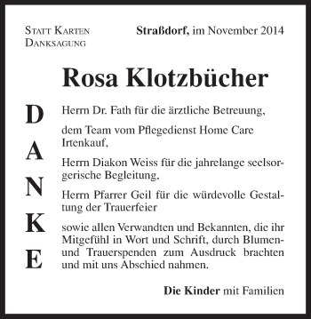 Traueranzeige von Rosa Klotzbücher von Gmünder Tagespost