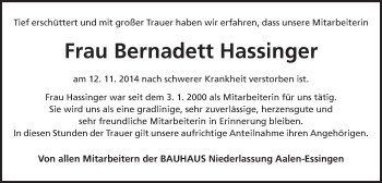 Traueranzeige von Bernadett Hassinger von Schwäbische Post