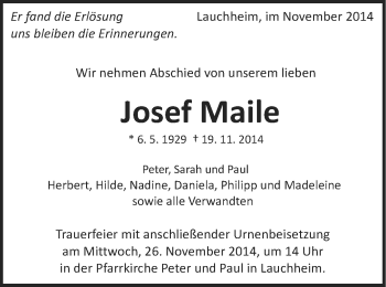 Traueranzeige von Josef Maile von Schwäbische Post