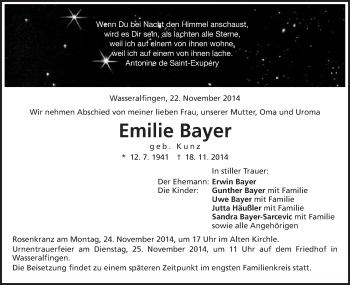 Traueranzeige von Emilie Bayer von Schwäbische Post