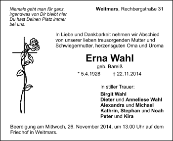 Traueranzeige von Erna Wahl von Gmünder Tagespost