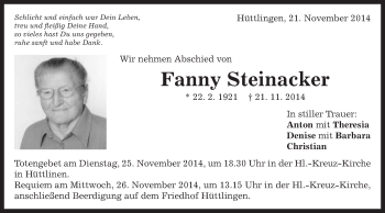 Traueranzeige von Fanny Steinacker von Schwäbische Post