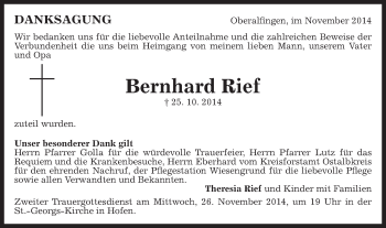 Traueranzeige von Bernhard Rief von Schwäbische Post