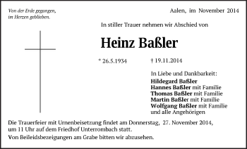Traueranzeige von Heinz Baßler von Schwäbische Post