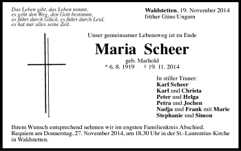 Traueranzeige von Maria Scheer von Gmünder Tagespost
