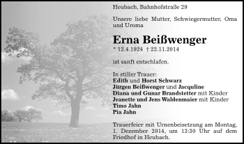Traueranzeige von Erna Beißwenger von Gmünder Tagespost