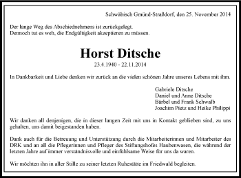Traueranzeige von Horst Ditsche von Gmünder Tagespost