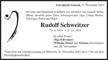 Traueranzeige von Rudolf Schweitzer von Gmünder Tagespost