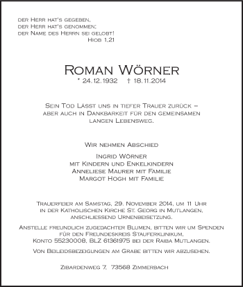 Traueranzeige von Roman Wörner von Gmünder Tagespost