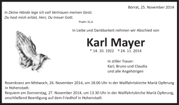Traueranzeige von Karl Mayer von Schwäbische Post