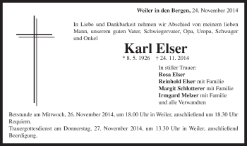 Traueranzeige von Karl Elser von Gmünder Tagespost